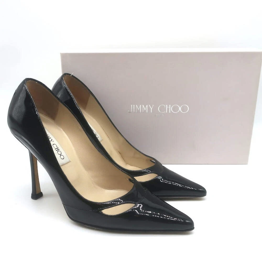 Jimmy Choo Margo 镂空尖头高跟鞋黑色漆皮 36 码-