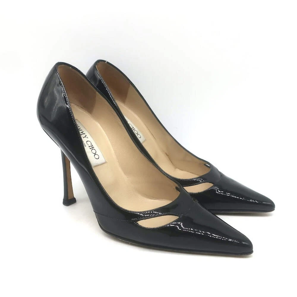 Jimmy Choo Margo 镂空尖头高跟鞋黑色漆皮 36 码-