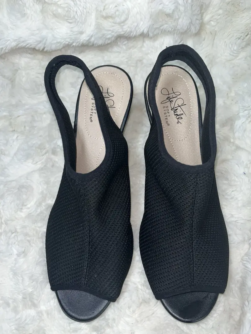 LIFE STRIDE 软系统黑色网布面料 PUMPS 3.5 英寸高跟鞋弹力女式 9.5 M-