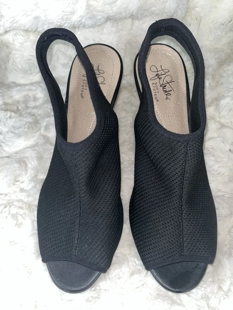 LIFE STRIDE 软系统黑色网布面料 PUMPS 3.5 英寸高跟鞋弹力女式 9.5 M-