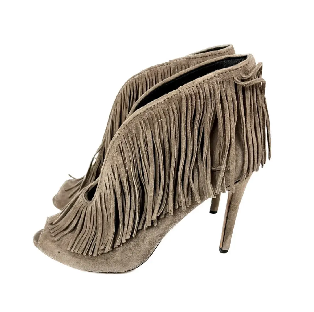 Vince Camuto 流苏麂皮绒露趾短靴波西米亚节日高跟鞋灰褐色 7.5-
