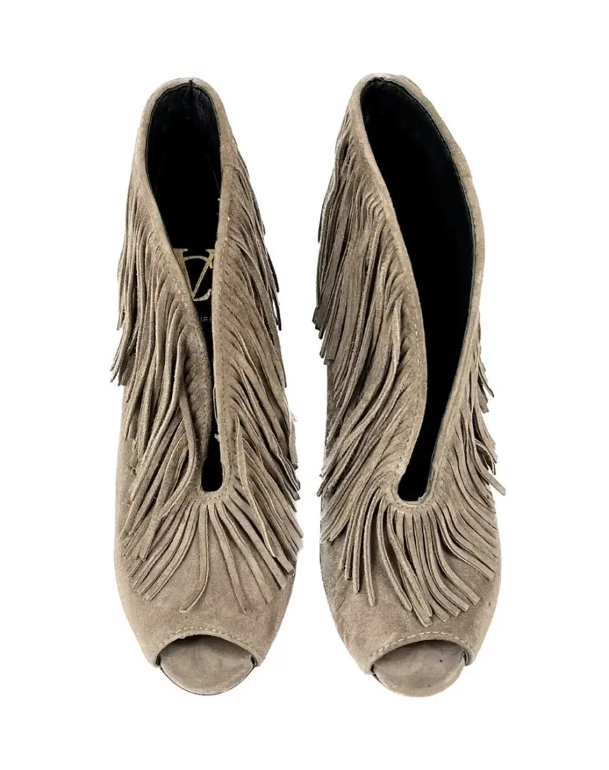 Vince Camuto 流苏麂皮绒露趾短靴波西米亚节日高跟鞋灰褐色 7.5-