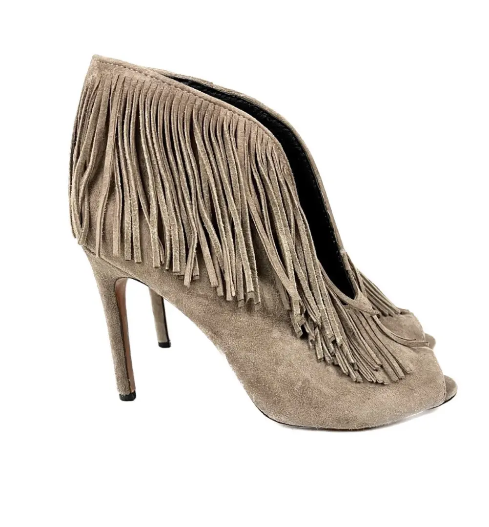 Vince Camuto 流苏麂皮绒露趾短靴波西米亚节日高跟鞋灰褐色 7.5-