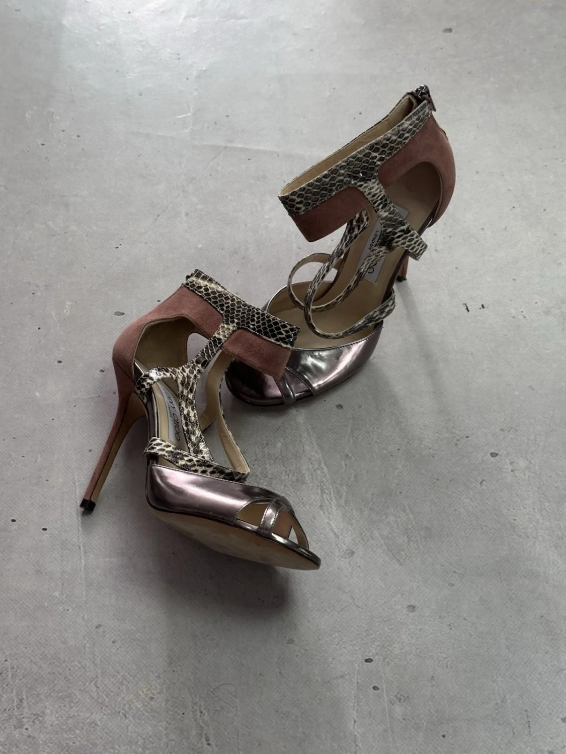 Jimmy Choo Freesia Pewter 麂皮绒 Python 金属凉鞋 高跟鞋 36-