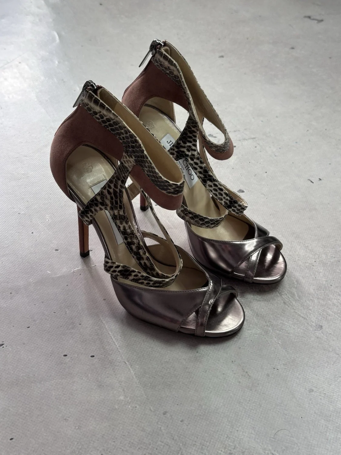Jimmy Choo Freesia Pewter 麂皮绒 Python 金属凉鞋 高跟鞋 36-