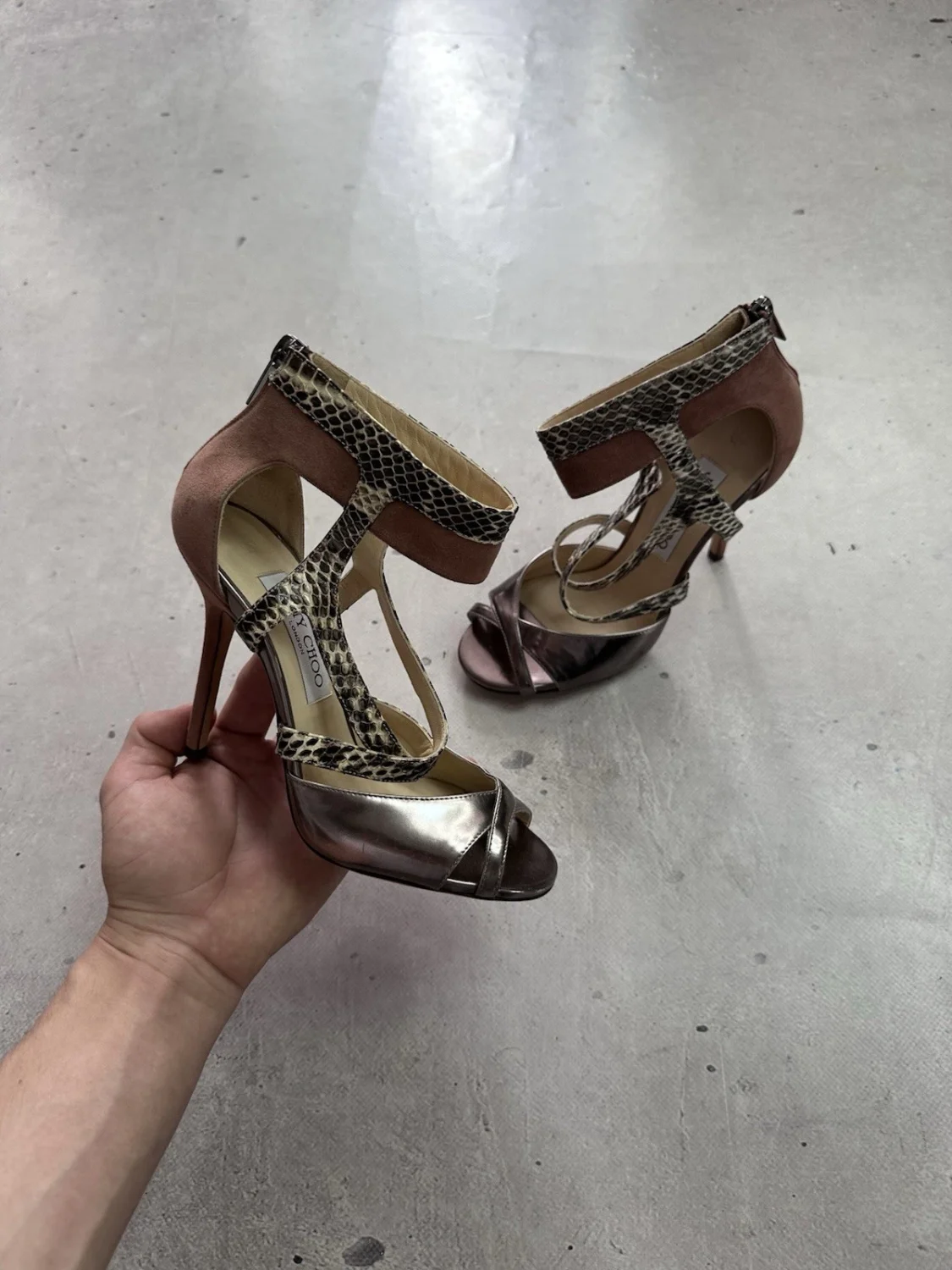 Jimmy Choo Freesia Pewter 麂皮绒 Python 金属凉鞋 高跟鞋 36-