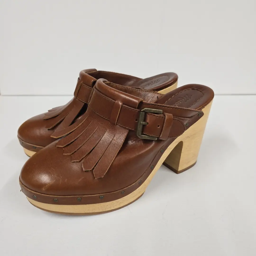 Madewell 女式棕色皮革流苏鞋跟穆勒鞋 5.5 码-