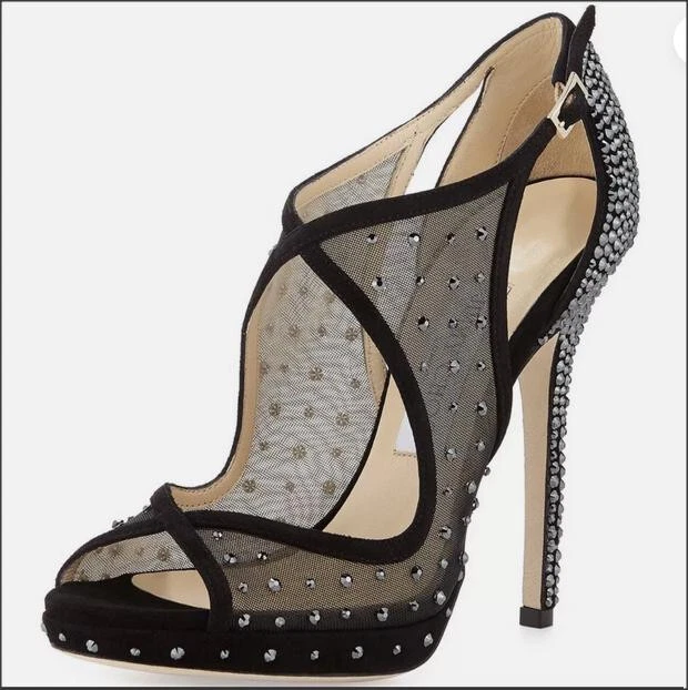 Jimmy Choo Leondra 泵凉鞋 鞋跟 施华洛世奇 水晶 铆钉 黑色 35.5-