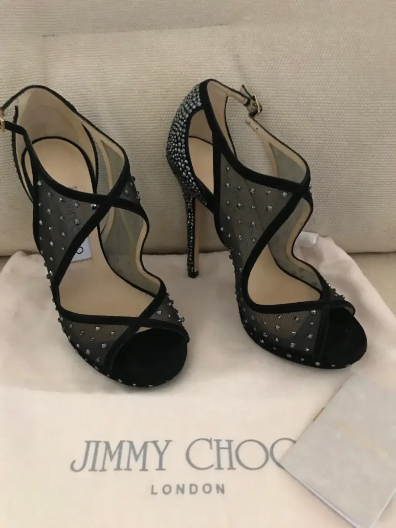 Jimmy Choo Leondra 泵凉鞋 鞋跟 施华洛世奇 水晶 铆钉 黑色 35.5-