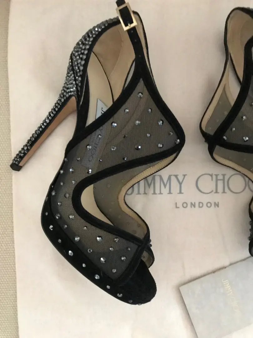 Jimmy Choo Leondra 泵凉鞋 鞋跟 施华洛世奇 水晶 铆钉 黑色 35.5-