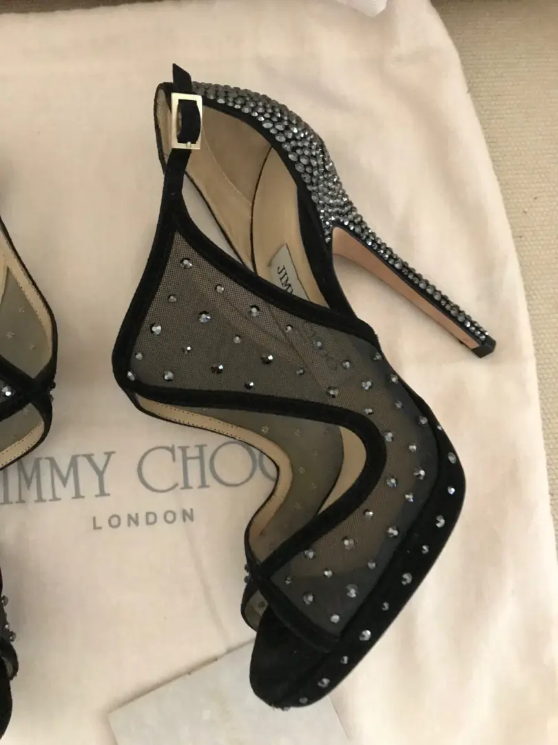 Jimmy Choo Leondra 泵凉鞋 鞋跟 施华洛世奇 水晶 铆钉 黑色 35.5-