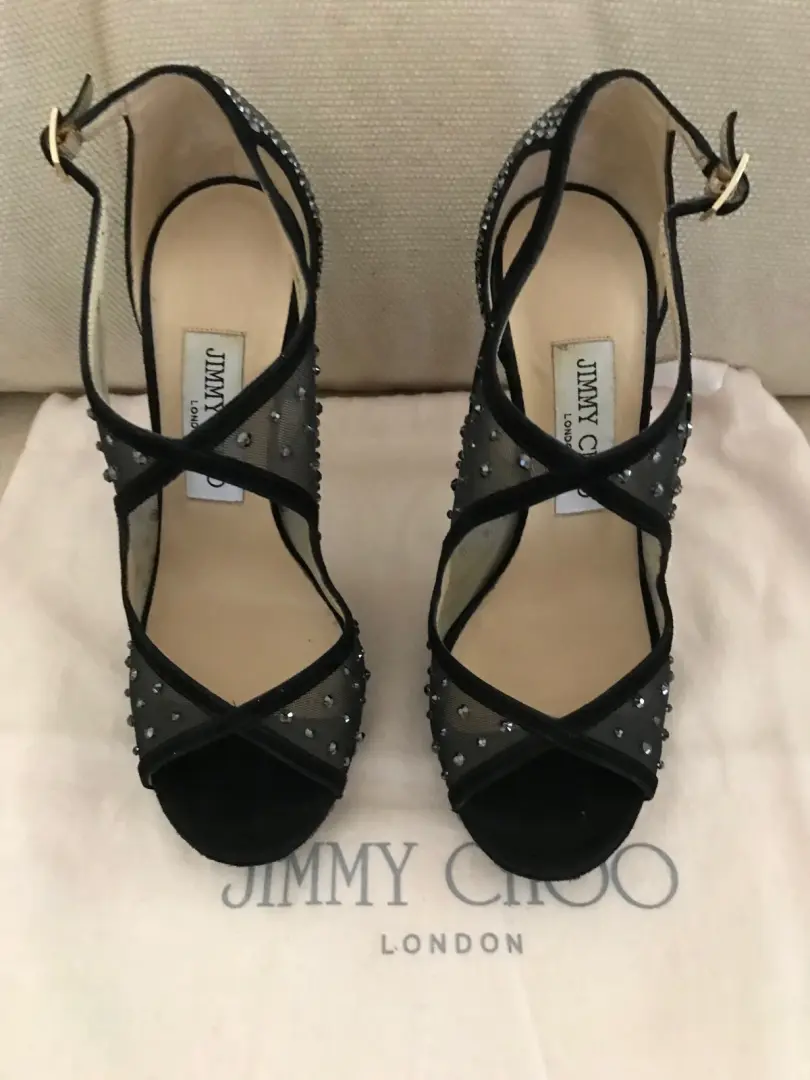 Jimmy Choo Leondra 泵凉鞋 鞋跟 施华洛世奇 水晶 铆钉 黑色 35.5-