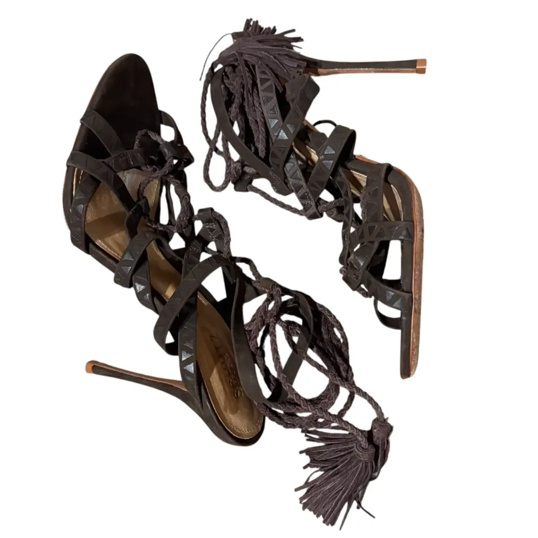 Schutz 深棕色麂皮绒绑带笼子高跟鞋凉鞋波西米亚鞋 9.5 码-