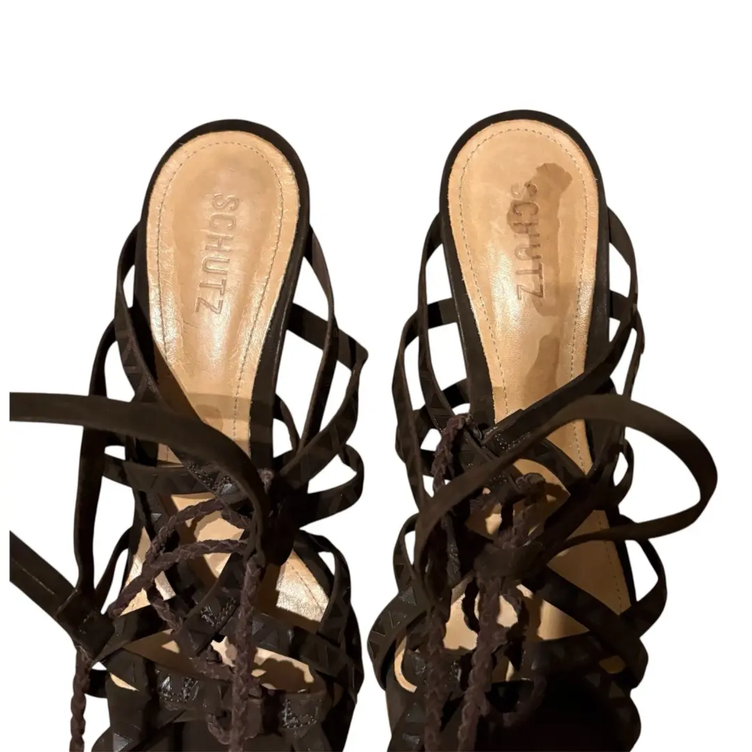 Schutz 深棕色麂皮绒绑带笼子高跟鞋凉鞋波西米亚鞋 9.5 码-