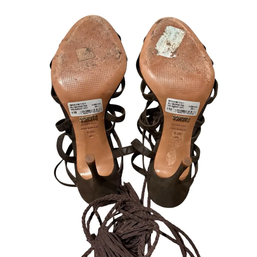 Schutz 深棕色麂皮绒绑带笼子高跟鞋凉鞋波西米亚鞋 9.5 码-