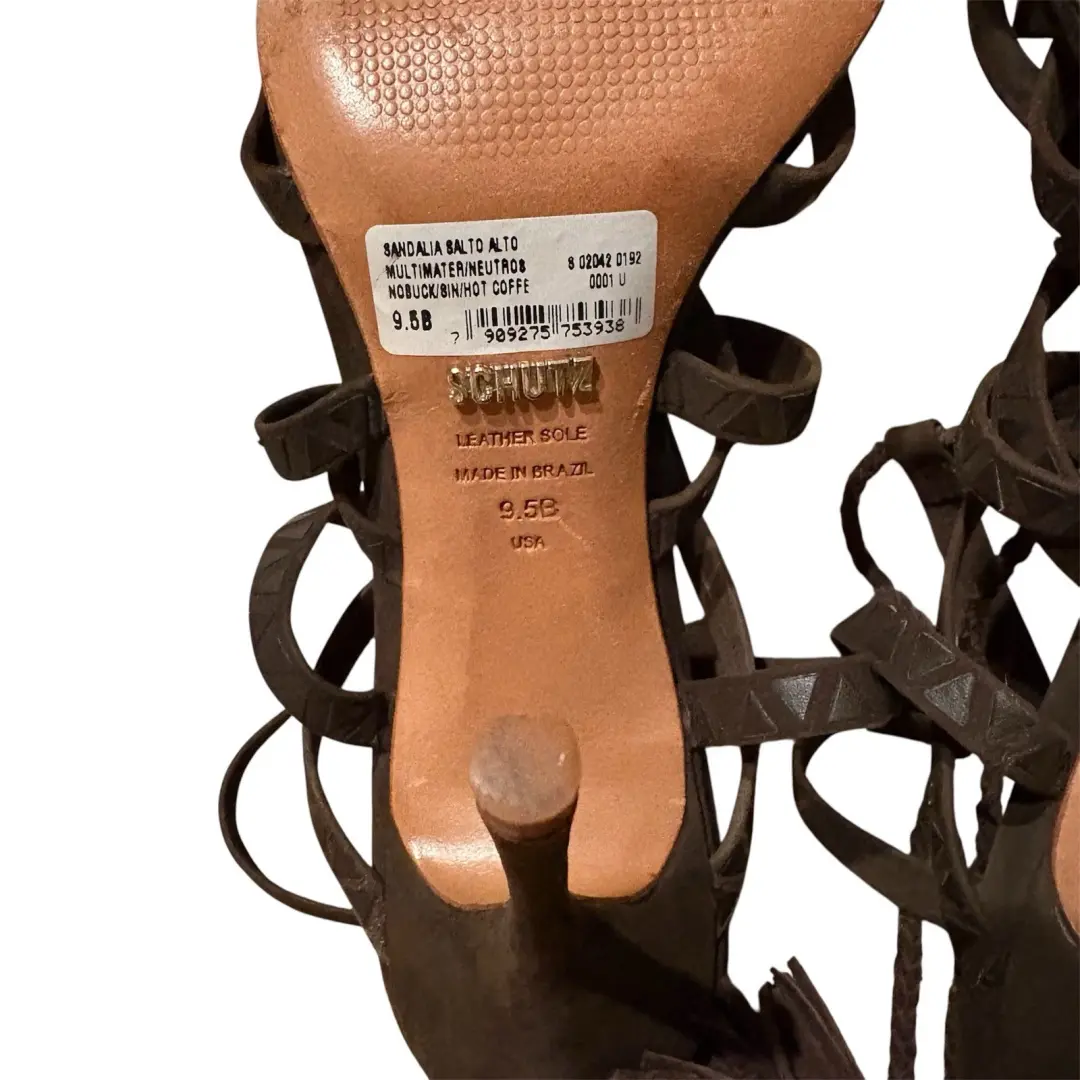 Schutz 深棕色麂皮绒绑带笼子高跟鞋凉鞋波西米亚鞋 9.5 码-