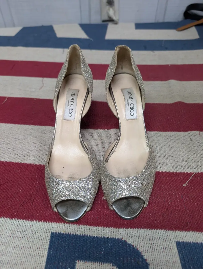 Jimmy Choo 香槟银色闪光露趾 D'Orsay 高跟鞋 37.5 -
