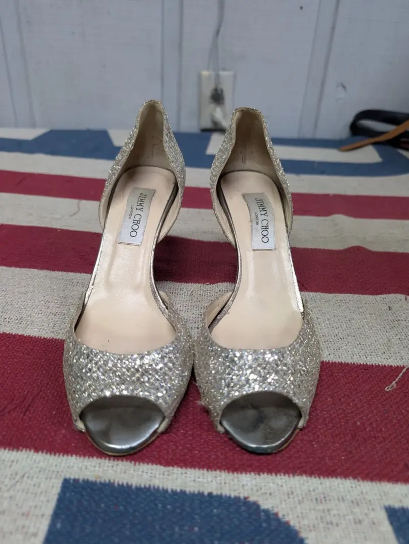 Jimmy Choo 香槟银色闪光露趾 D'Orsay 高跟鞋 37.5 -