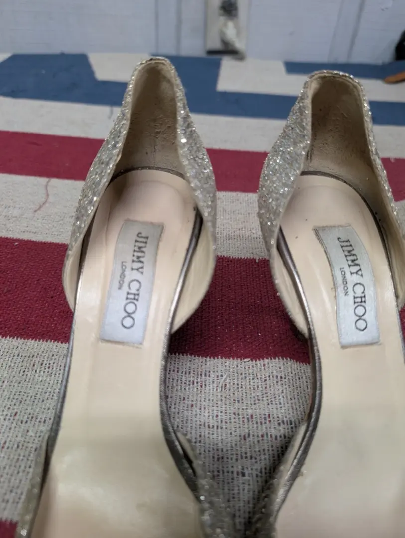 Jimmy Choo 香槟银色闪光露趾 D'Orsay 高跟鞋 37.5 -
