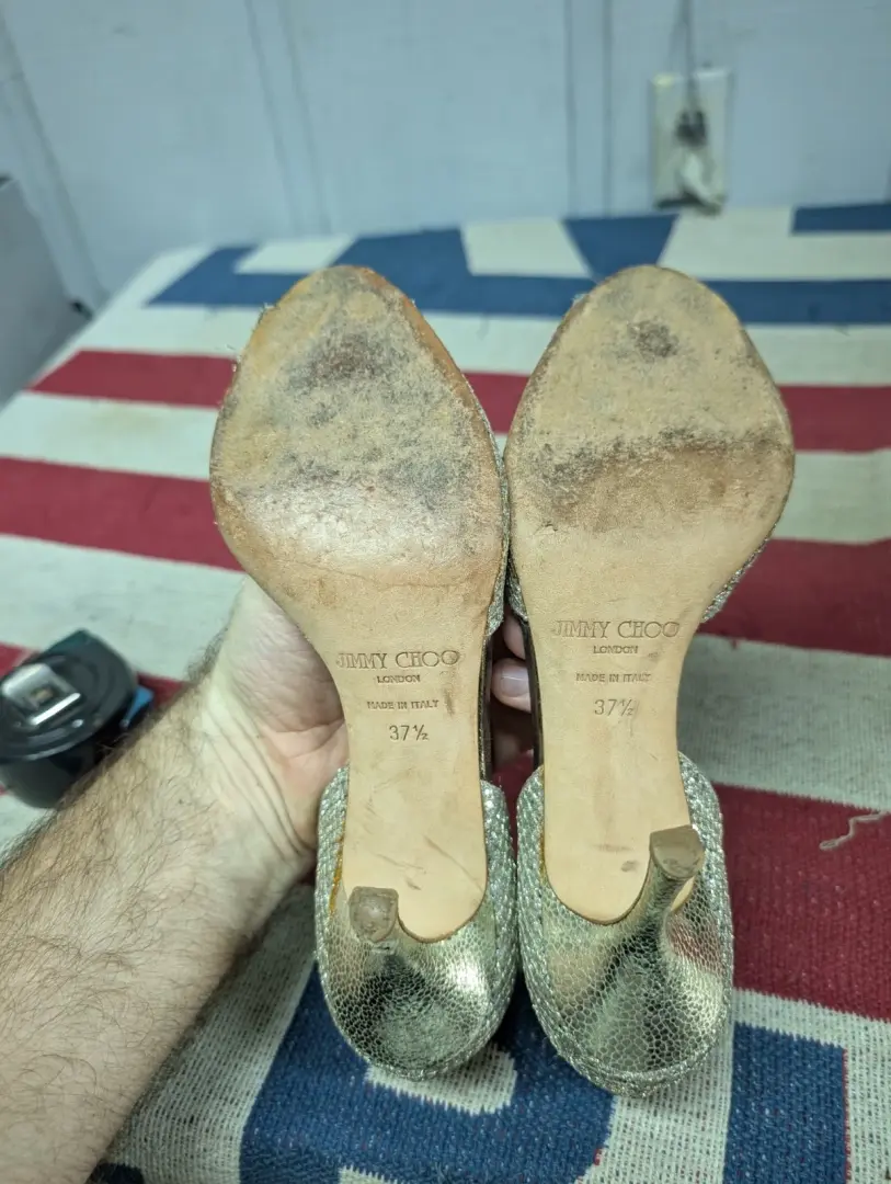 Jimmy Choo 香槟银色闪光露趾 D'Orsay 高跟鞋 37.5 -