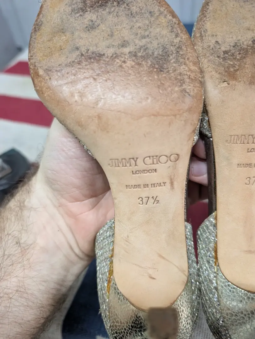 Jimmy Choo 香槟银色闪光露趾 D'Orsay 高跟鞋 37.5 -