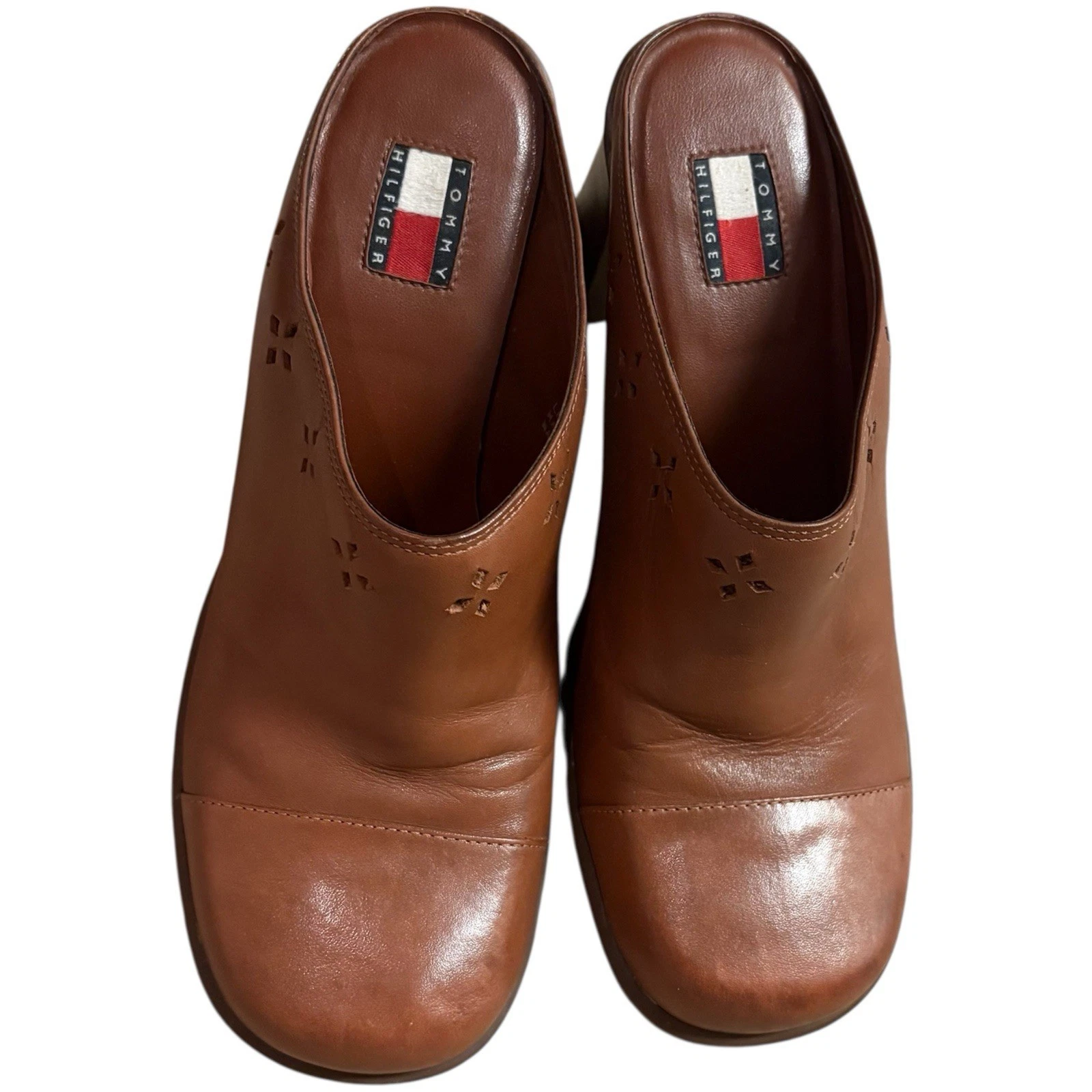 复古 Y2K Tommy Hilfiger 棕色方头皮革懒人厚底穆勒鞋 8 码-