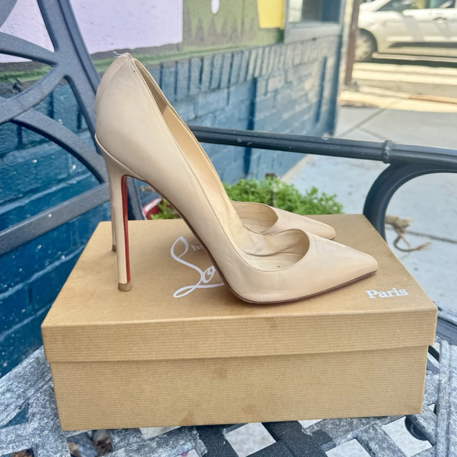 Christian Louboutin米色皮革细高跟鞋尖头懒人鞋女式8.5码-