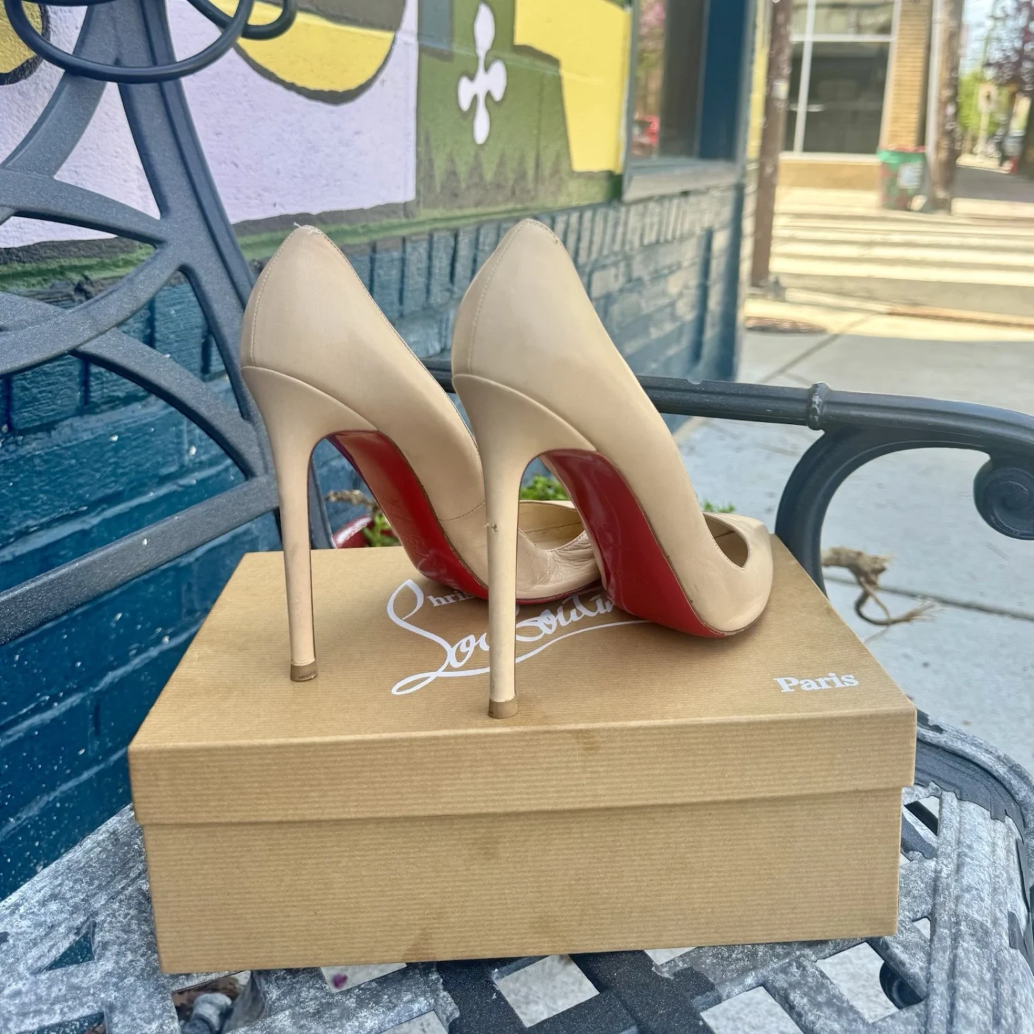 Christian Louboutin米色皮革细高跟鞋尖头懒人鞋女式8.5码-