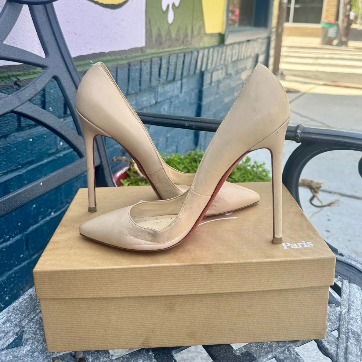Christian Louboutin米色皮革细高跟鞋尖头懒人鞋女式8.5码-