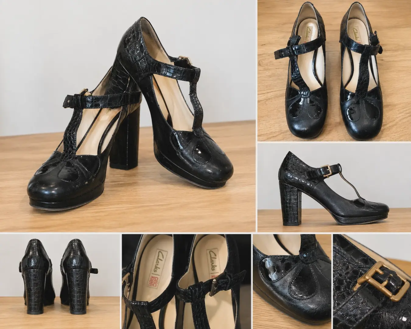 Clarks x Orla Kiely 黑色 T 带厚底高跟鞋女式 6M 复古 Mod-