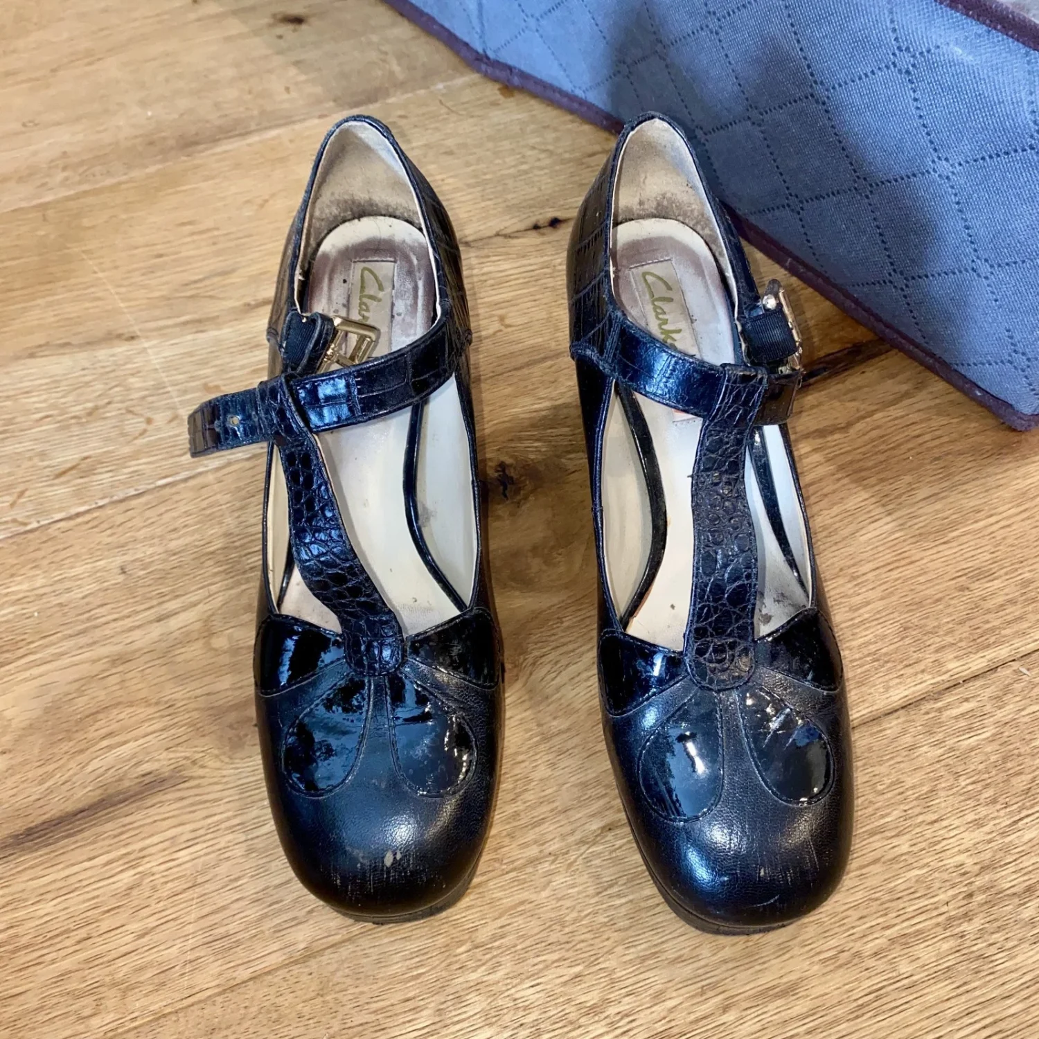 Clarks x Orla Kiely 黑色 T 带厚底高跟鞋女式 6M 复古 Mod-