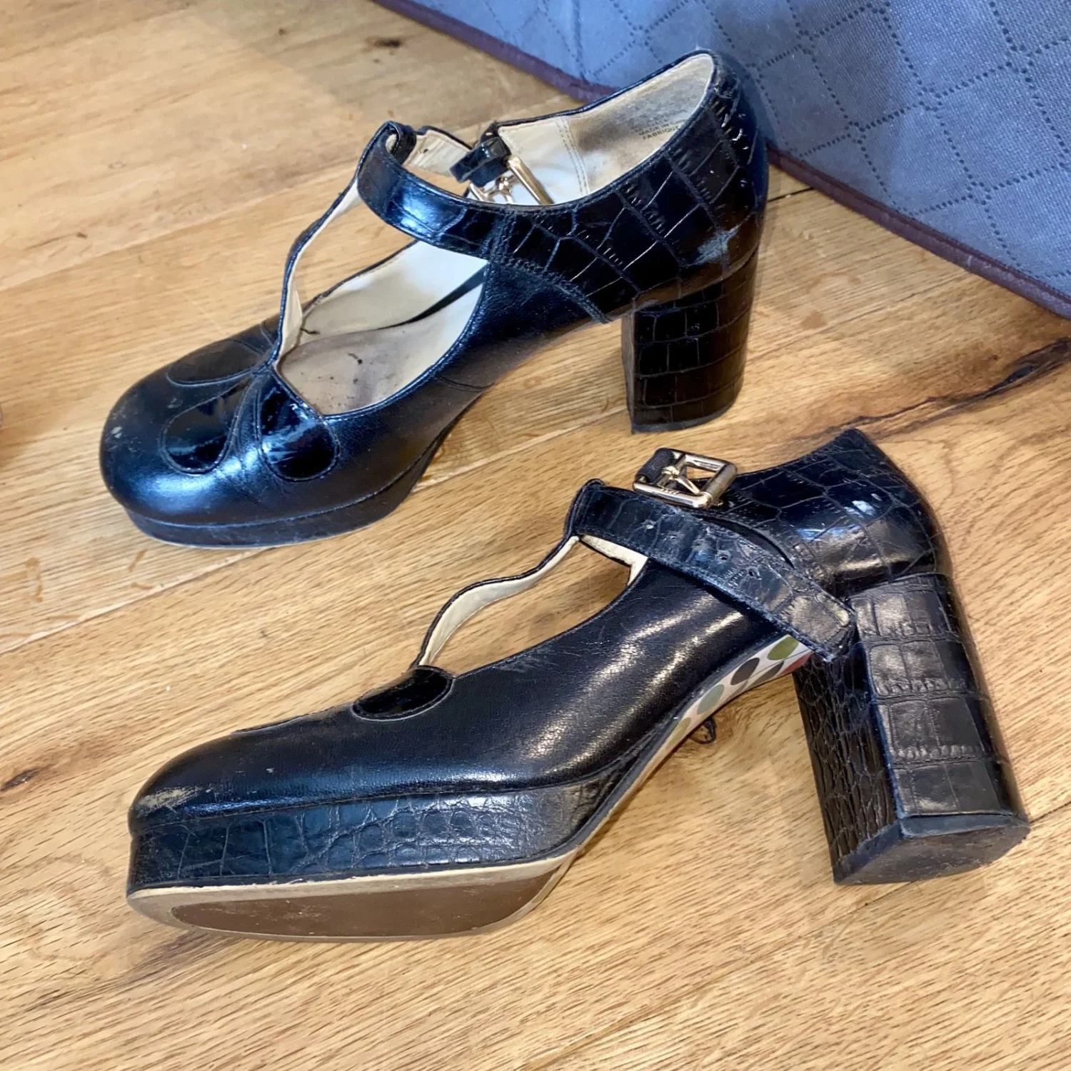 Clarks x Orla Kiely 黑色 T 带厚底高跟鞋女式 6M 复古 Mod-