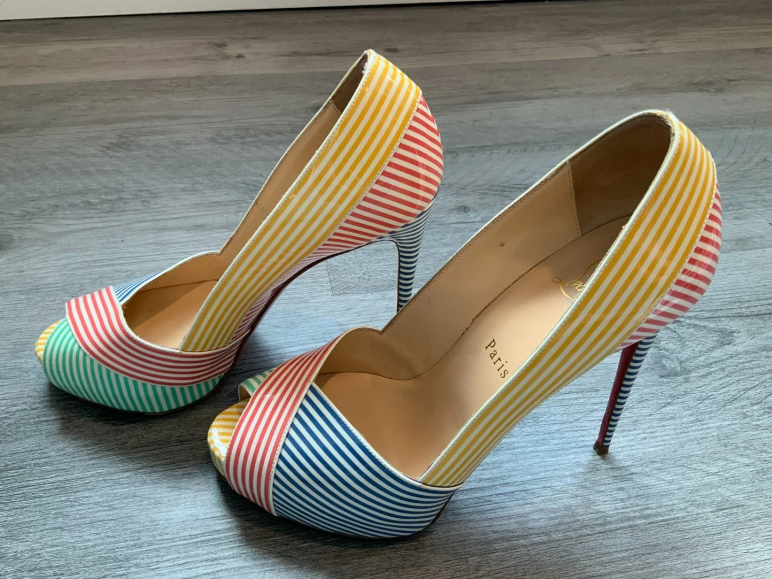 Christian Louboutin Marine Alta 120 条纹露趾高跟鞋,尺寸 38 | 8-