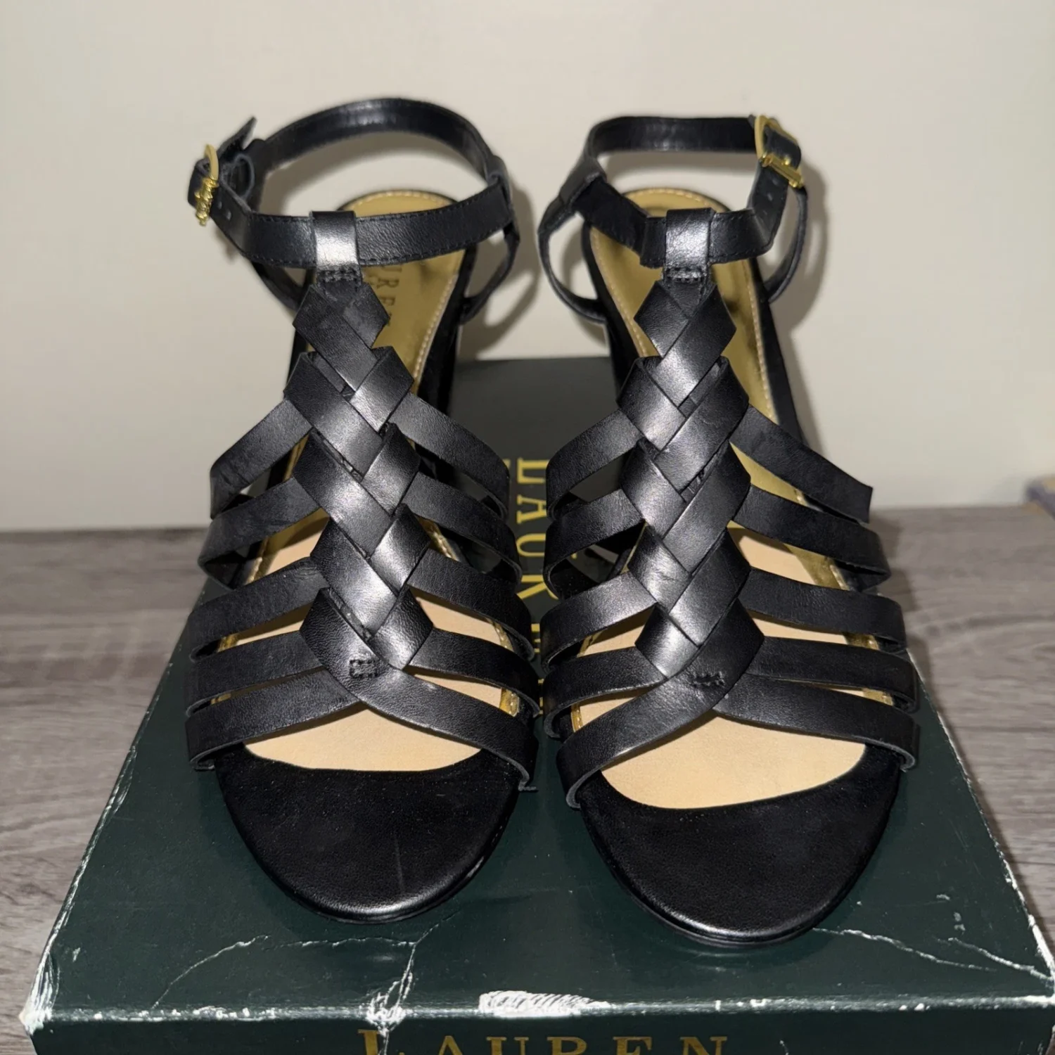 LAUREN RALPH LAUREN FRANCINE 黑色皮革设计师厚底凉鞋 10-