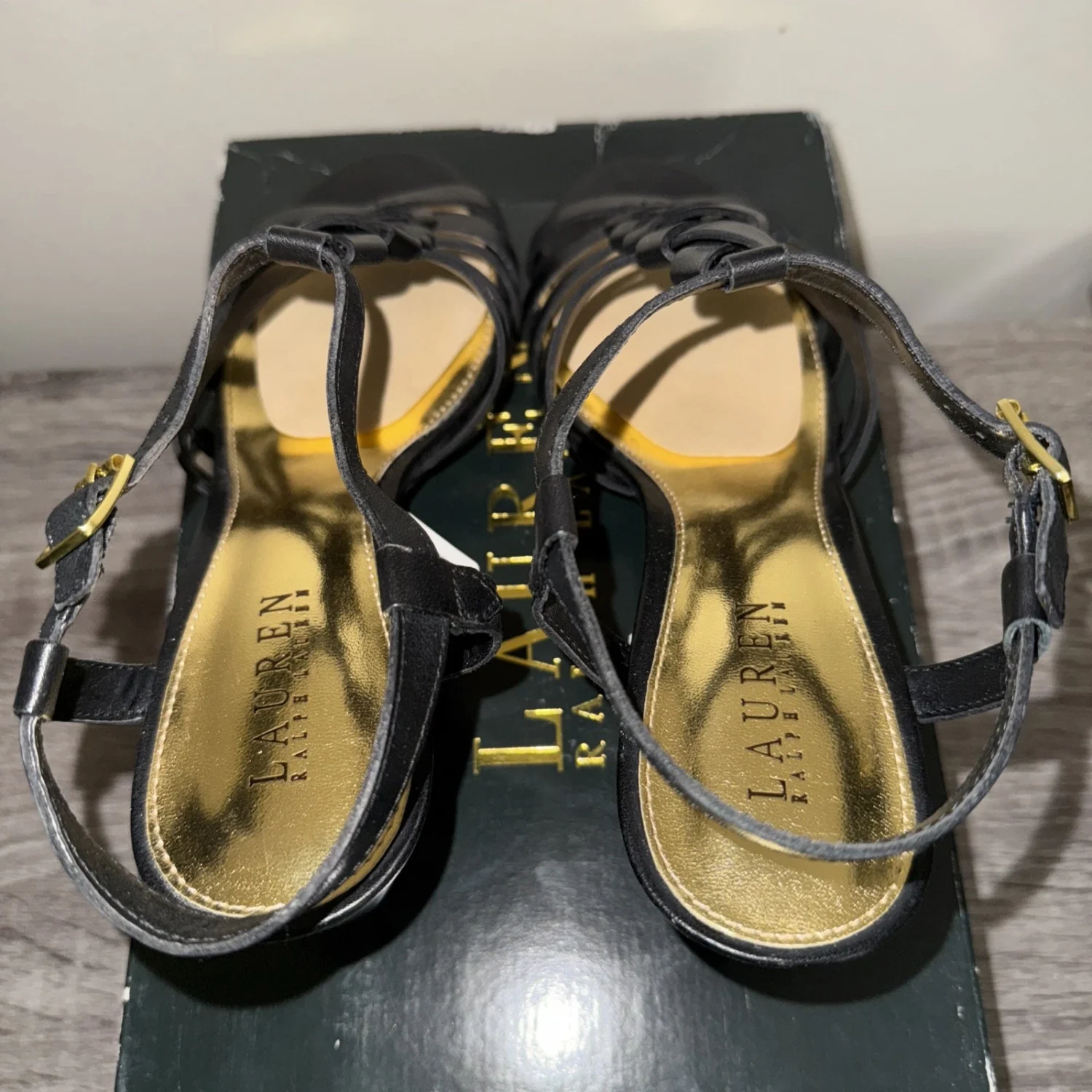 LAUREN RALPH LAUREN FRANCINE 黑色皮革设计师厚底凉鞋 10-