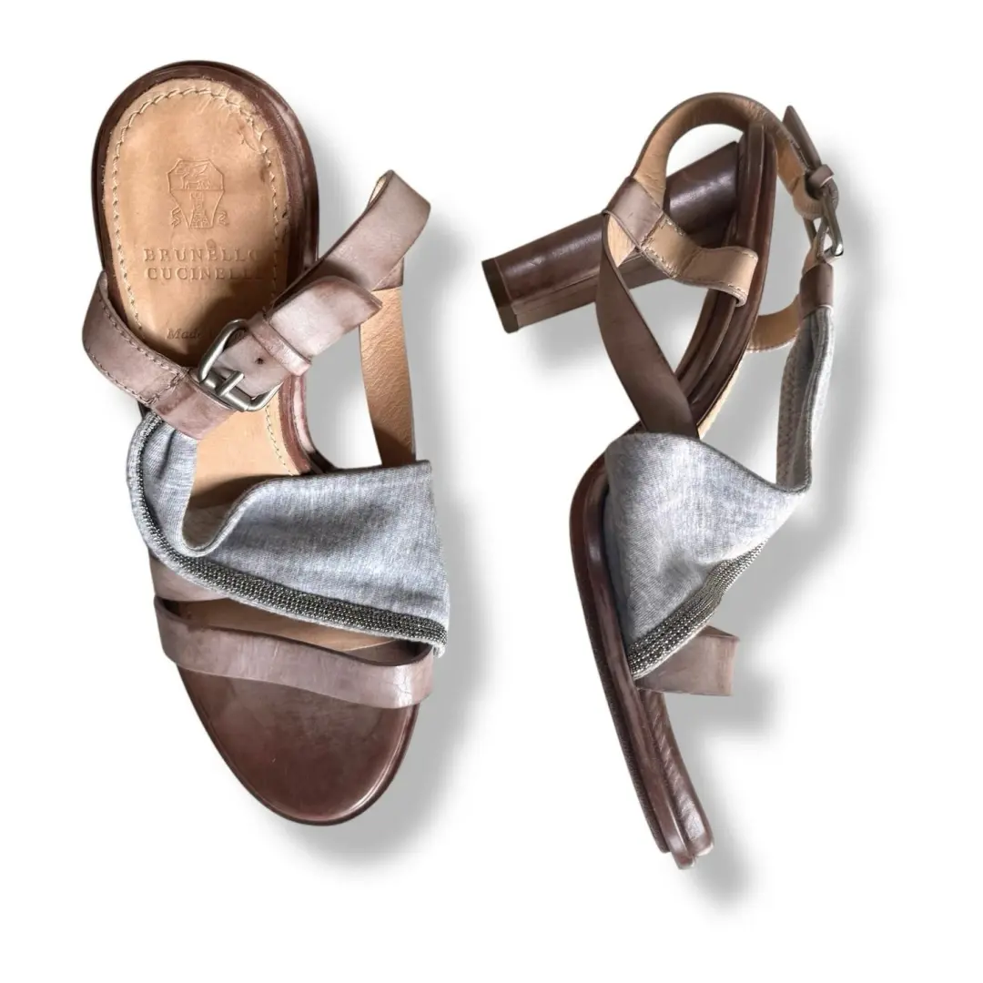 Brunello Cucinelli 凉鞋高跟鞋舒适绑带皮革中性色 8 码-