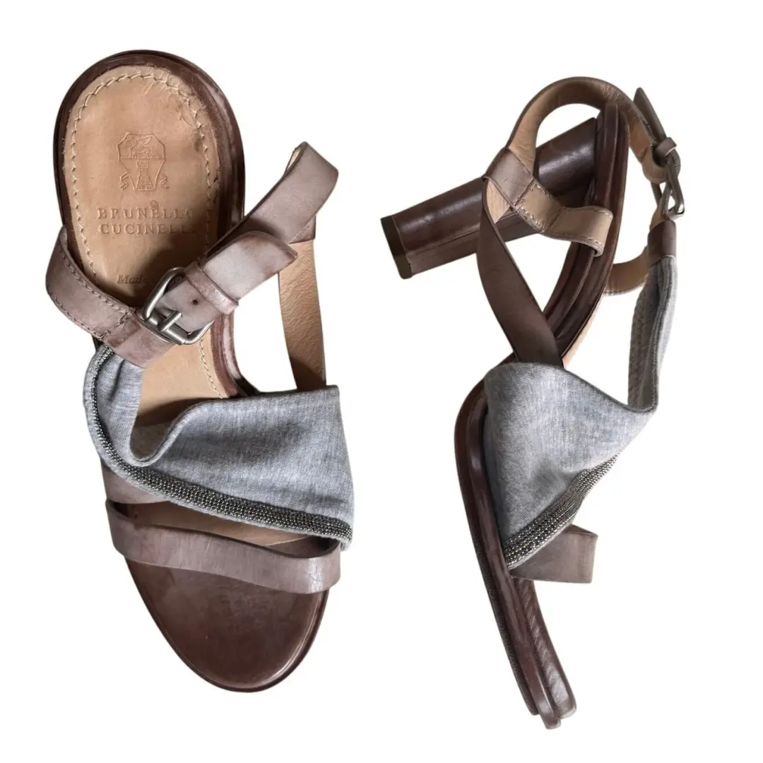 Brunello Cucinelli 凉鞋高跟鞋舒适绑带皮革中性色 8 码-