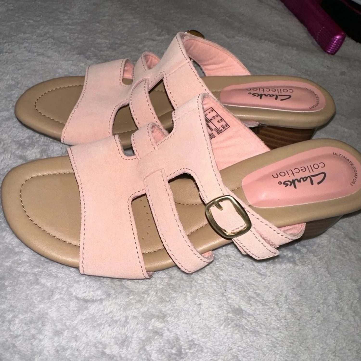 Clarks 高跟拖鞋凉鞋 Desirae Palm 粉色麂皮绒 6.5 码-
