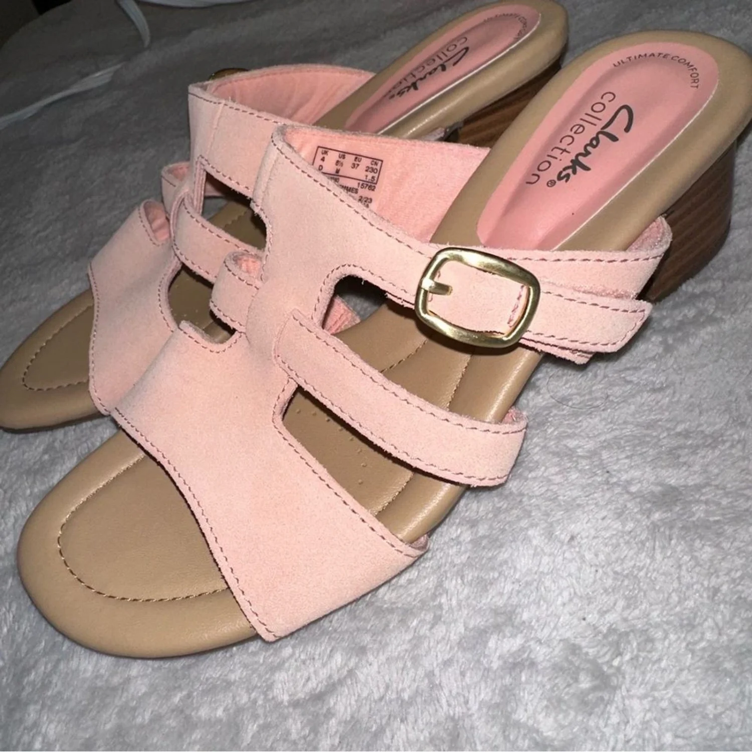Clarks 高跟拖鞋凉鞋 Desirae Palm 粉色麂皮绒 6.5 码-