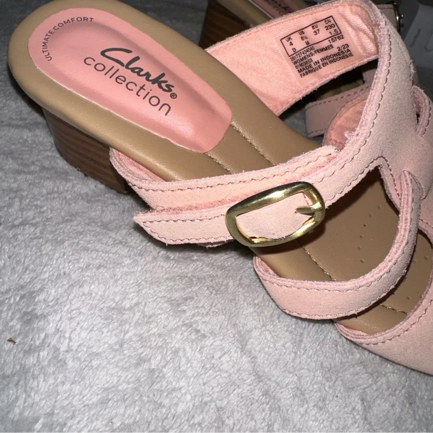 Clarks 高跟拖鞋凉鞋 Desirae Palm 粉色麂皮绒 6.5 码-