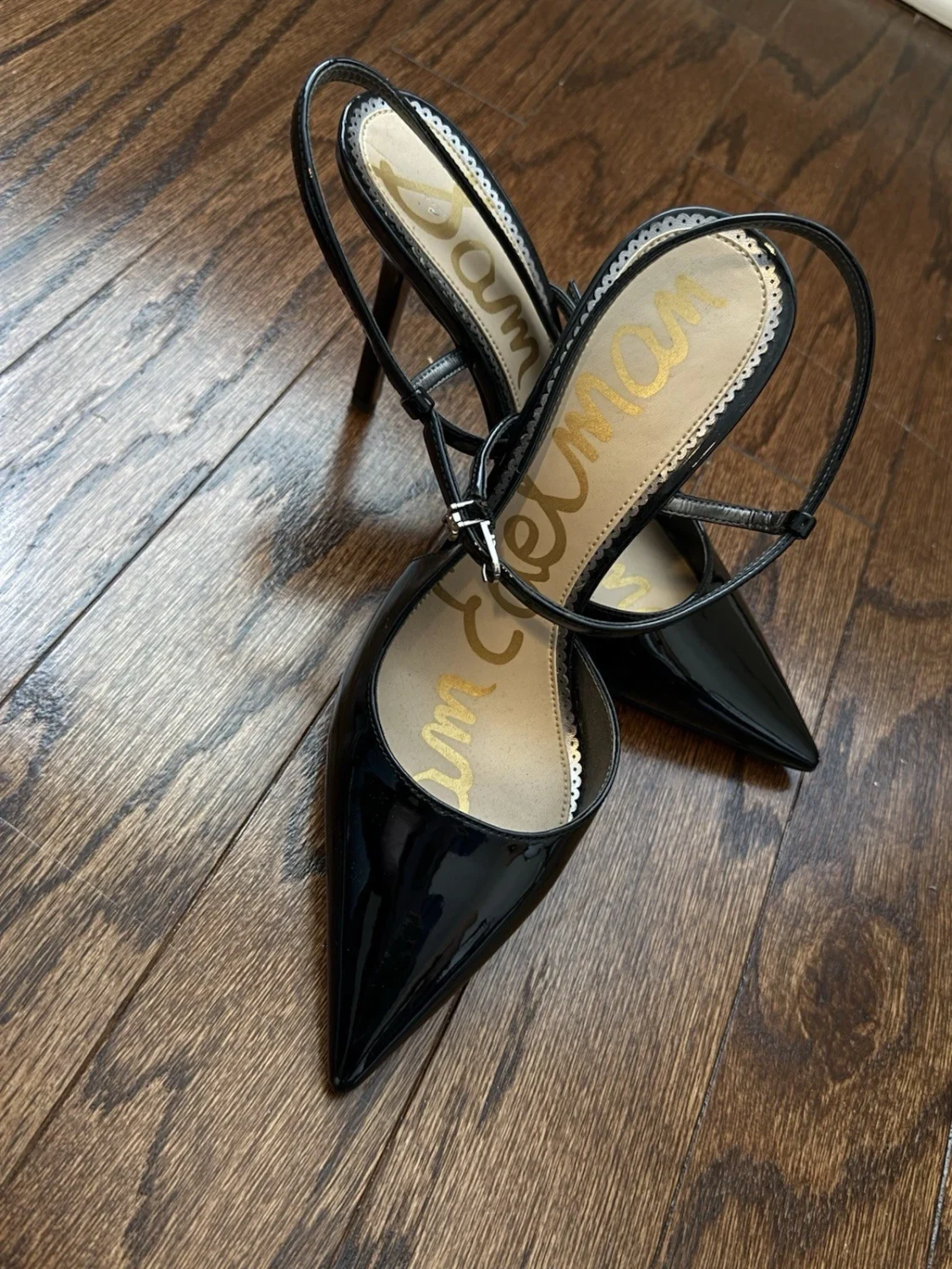 Sam Edelman 黑色专利尖头露跟踝带鞋 7.5M 码-