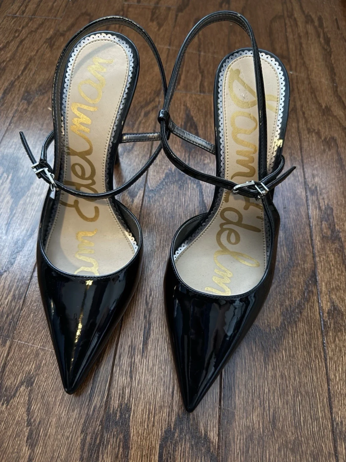 Sam Edelman 黑色专利尖头露跟踝带鞋 7.5M 码-