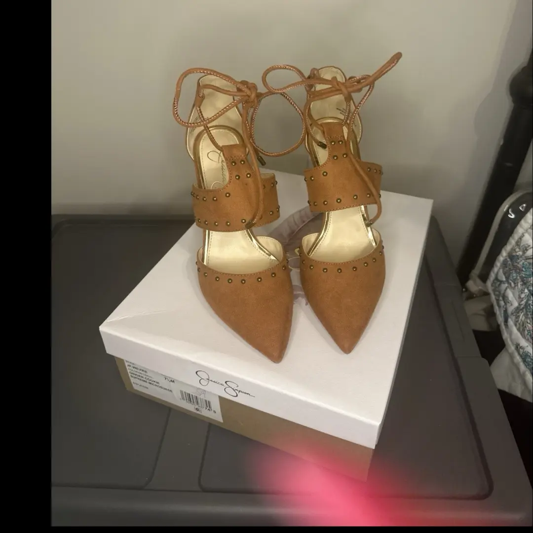 Jessica Simpson 棕色微绒面革绑带尖头高跟鞋 7.5 米-