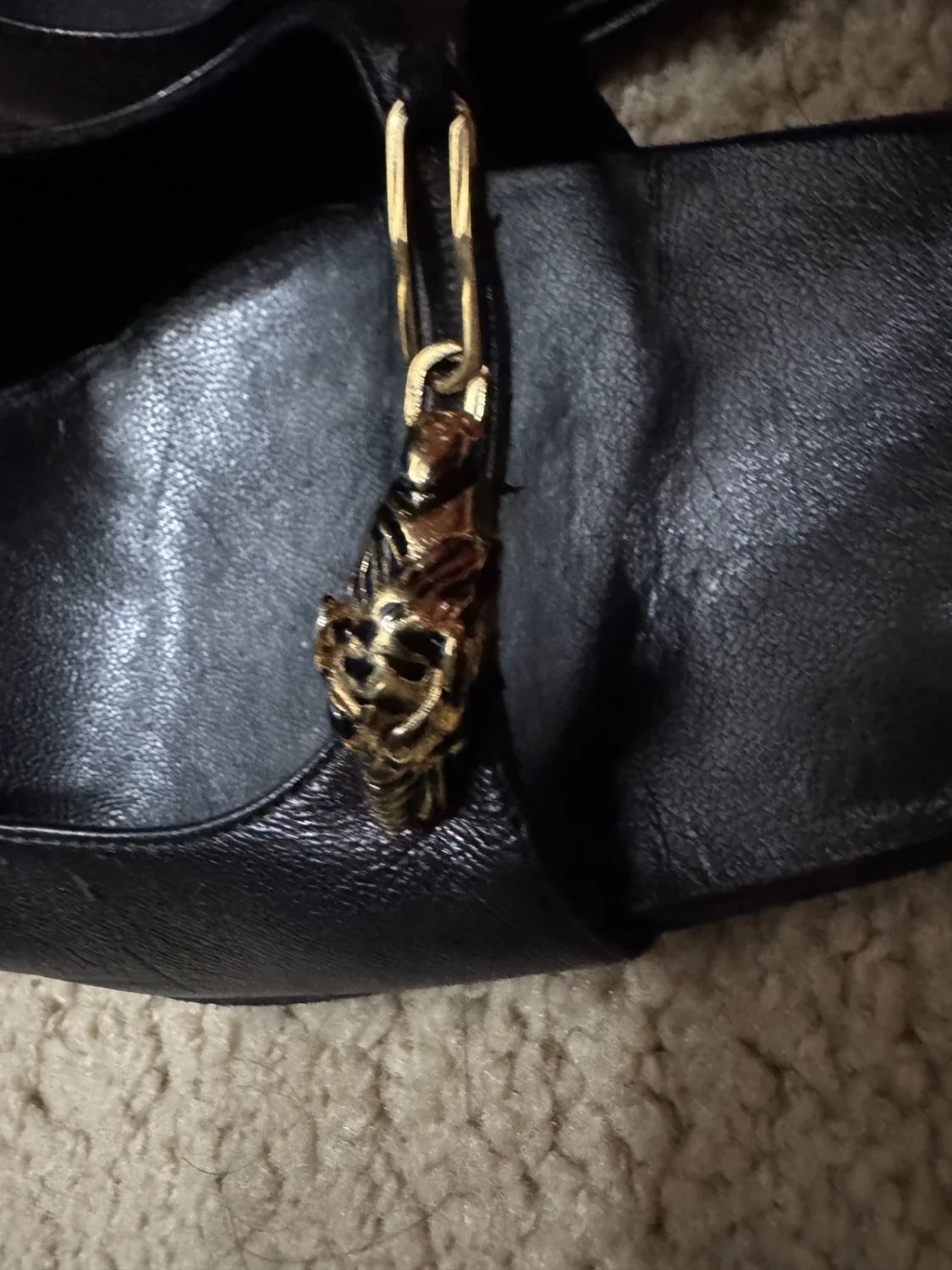 复古古驰 Tom Ford Era Panther 马位露趾高跟鞋黑色皮革高跟鞋-