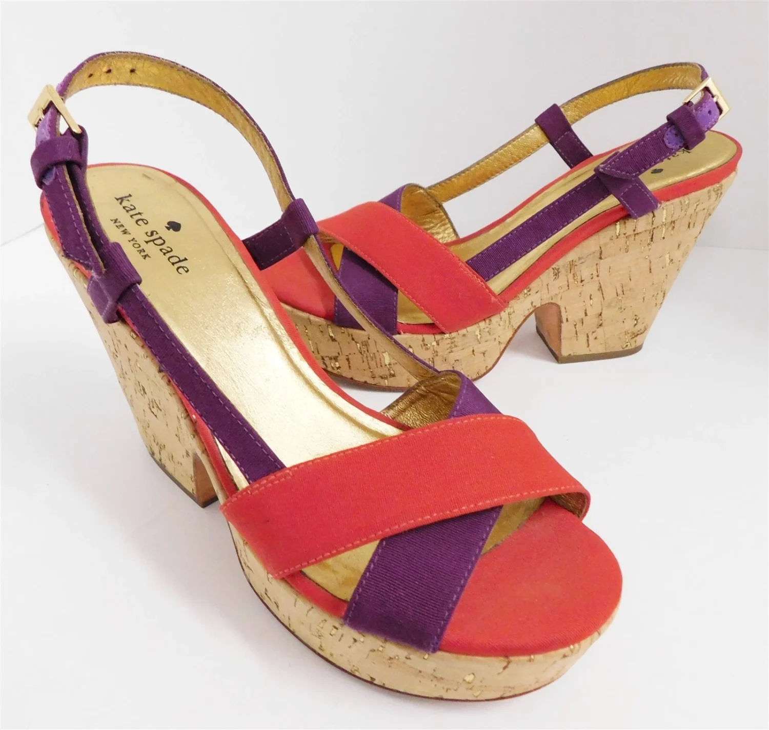 Kate Spade 红色紫色绑带软木厚底凉鞋 6.5 M-
