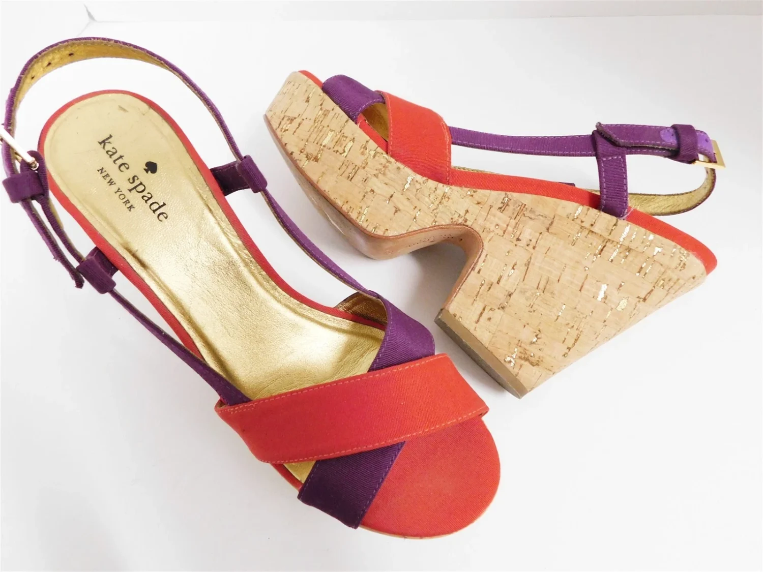 Kate Spade 红色紫色绑带软木厚底凉鞋 6.5 M-
