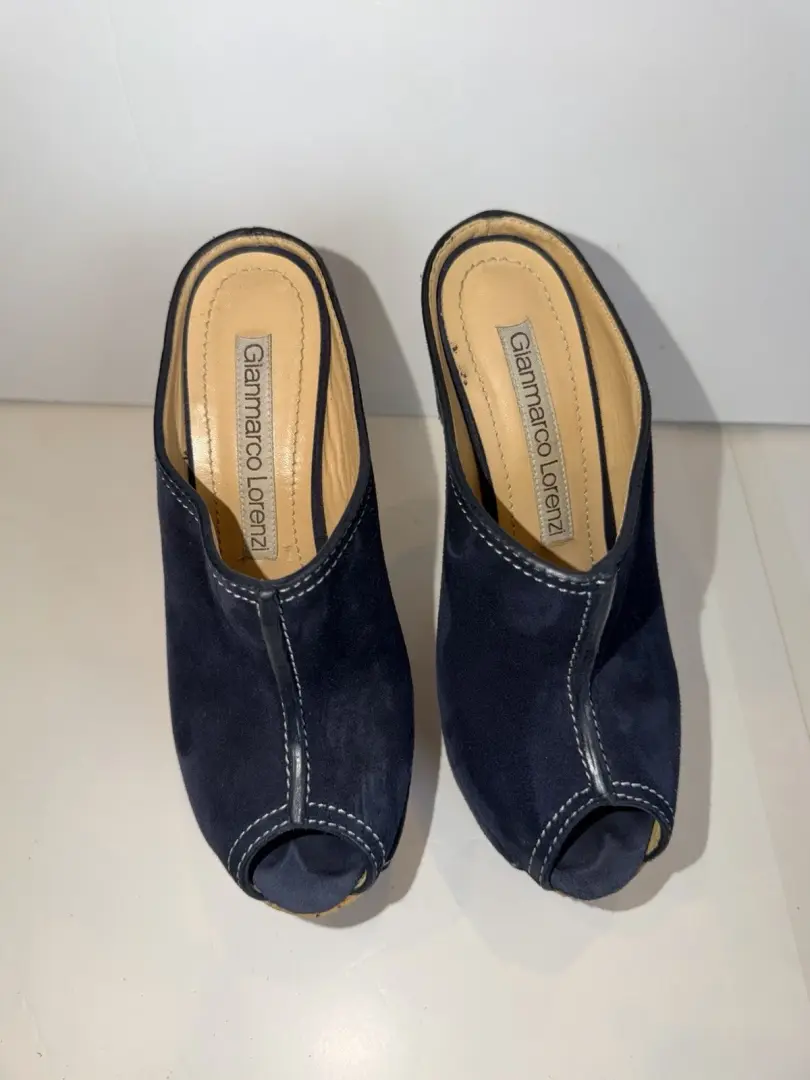 GIANMARCO LORENZI 蓝色麂皮绒厚底木屐穆勒鞋 EU37/US7-