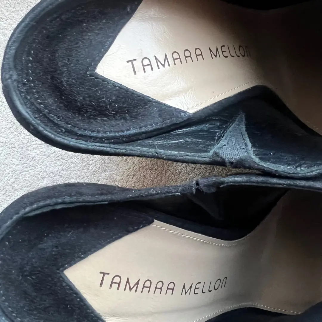 Tamara Mellon Kendra 黑色麂皮绒露趾骡子凉鞋高跟鞋女式 7 EU 37.5 别致-