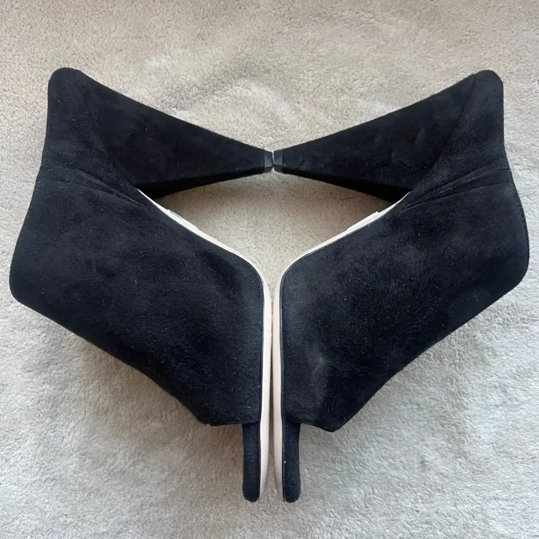 Tamara Mellon Kendra 黑色麂皮绒露趾骡子凉鞋高跟鞋女式 7 EU 37.5 别致-