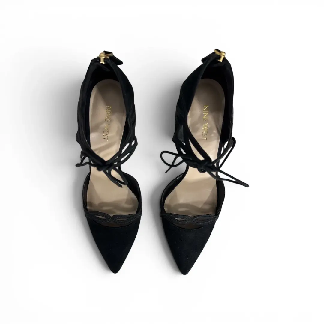 Nine West 女式黑色麂皮绒尖头系带高跟鞋 8.5 码二手状况完好-